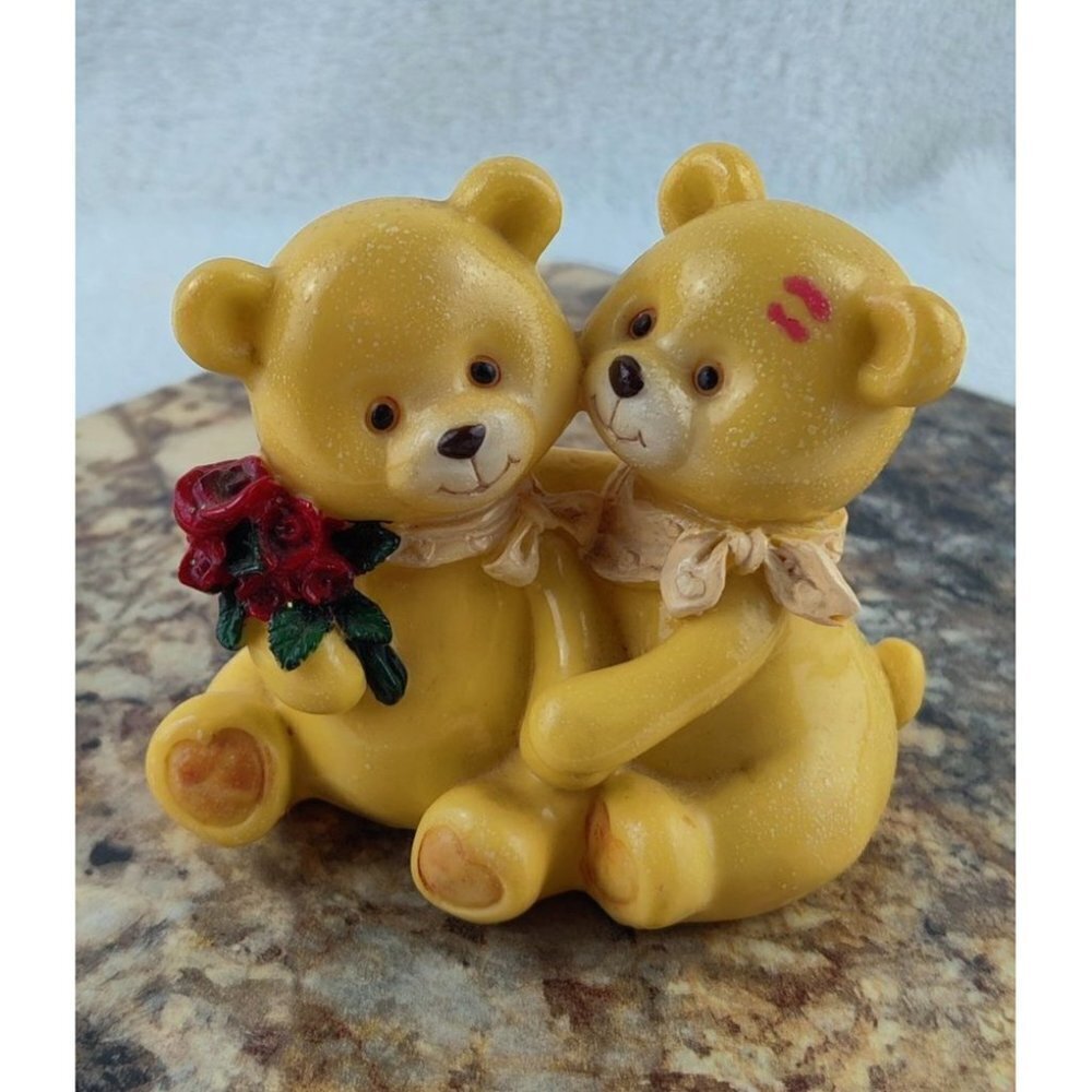 Teddy Bear Love Valentine Resin Figurine Holding Hands Flowers Cherished Teddies